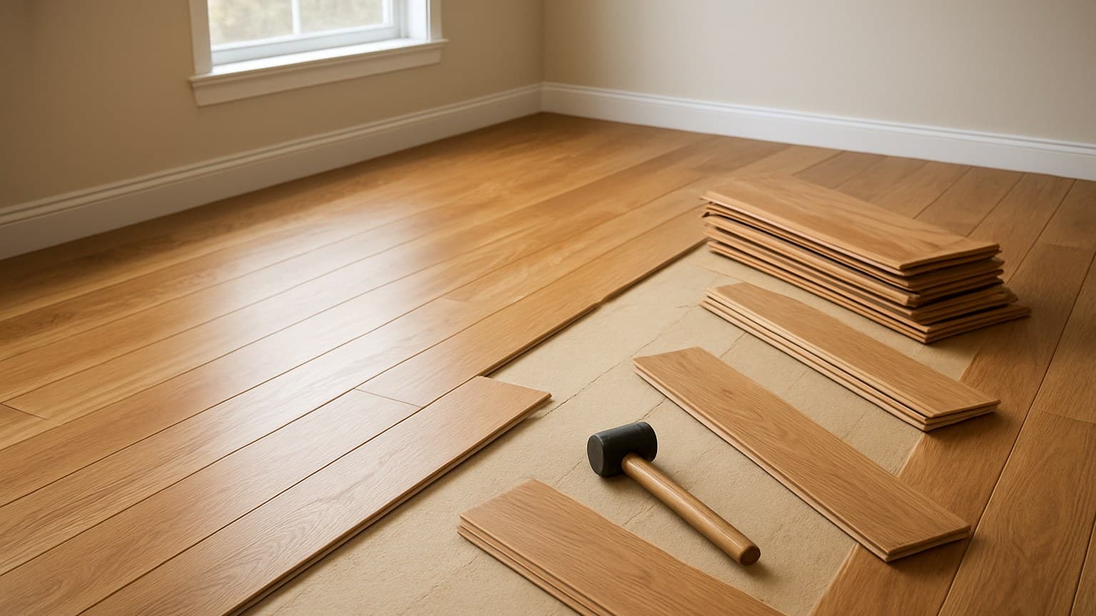 Hardwood flooring planks and installation tools staged on a subfloor in a room under renovation.