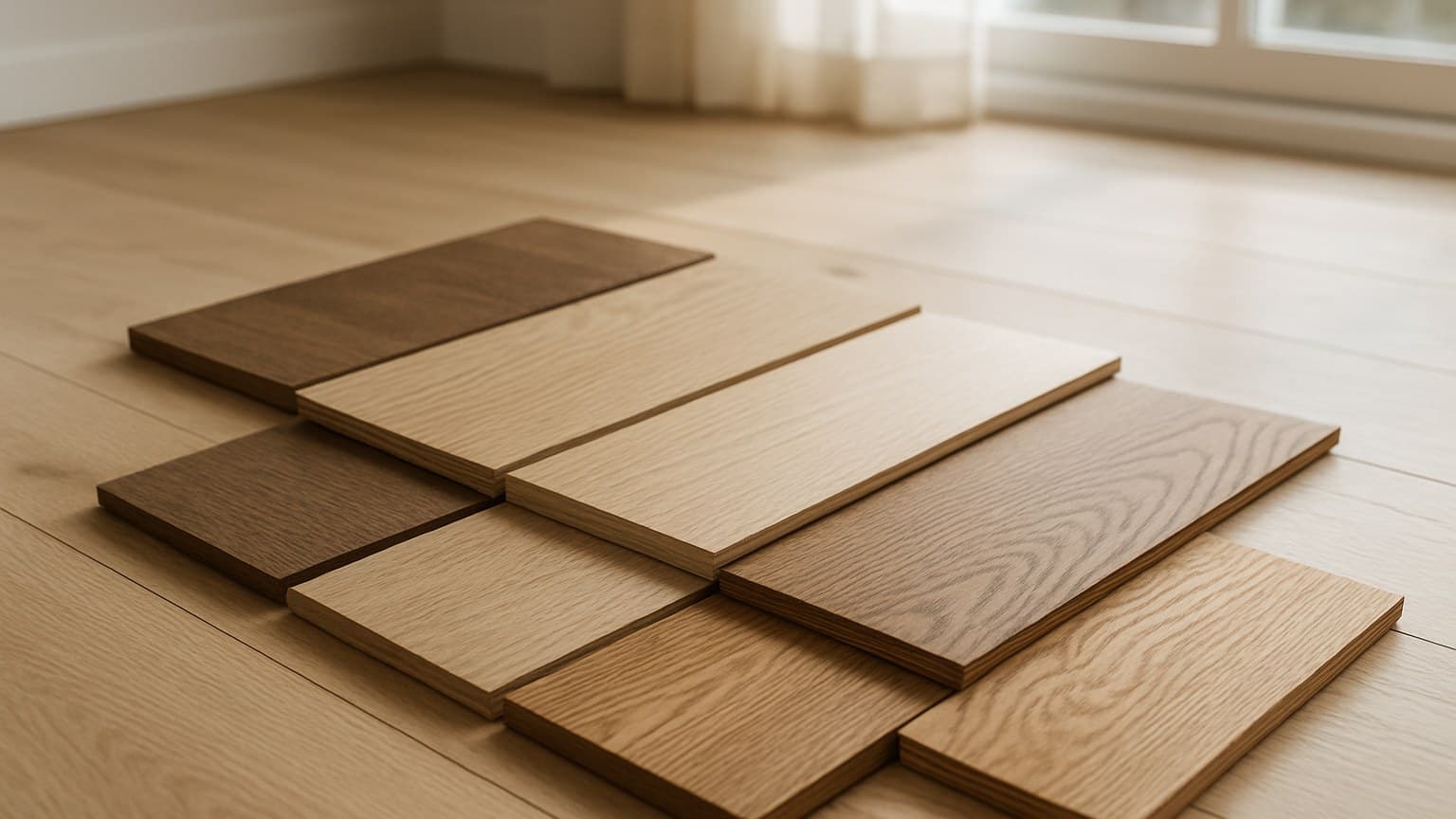 Several rectangular wood samples in different tones arranged on a wooden floor indoors near windows