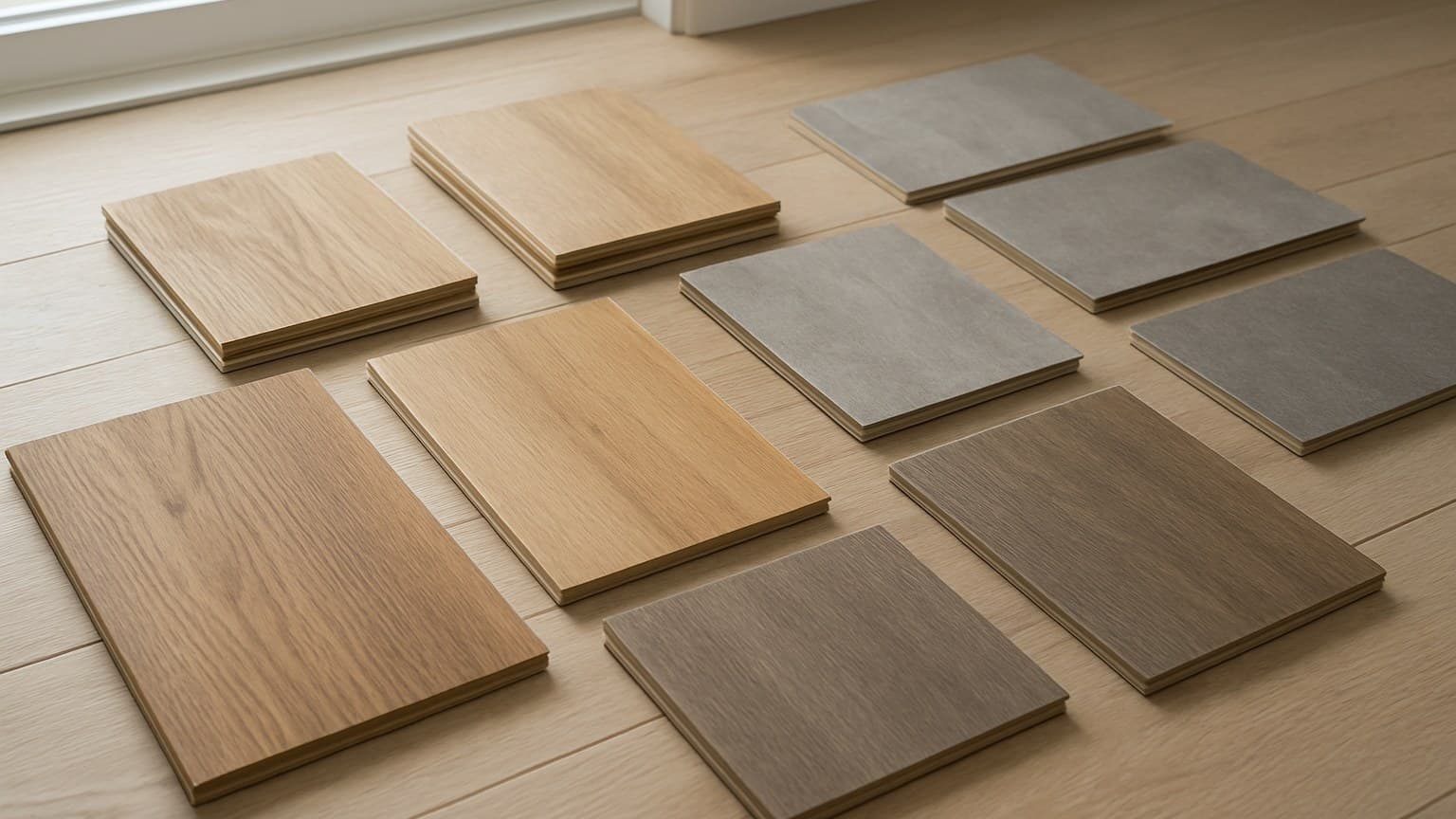 Multiple flooring sample boards in light to dark wood-tone finishes displayed on a wooden floor.