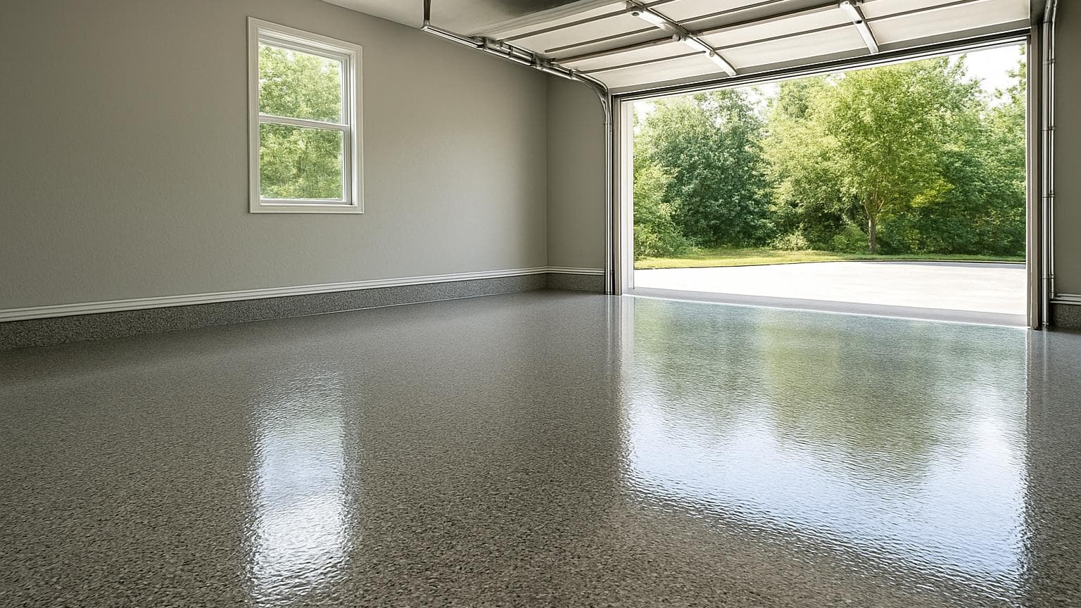 Empty garage interior with polished, reflective speckled floor coating and open garage door