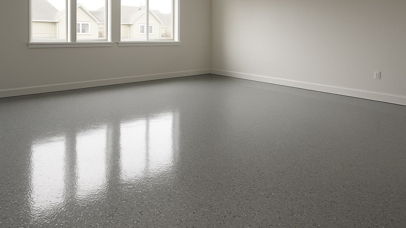 Empty room with polished, highly reflective flooring that exhibits the smooth, seamless appearance typical of sealed concrete or epoxy-coated surfaces.