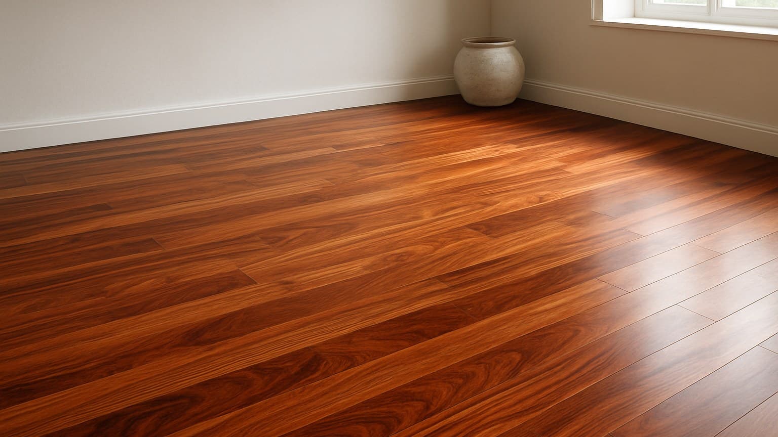 An empty room with polished hardwood flooring in warm brown tones showing natural wood grain and plank patterns, with light walls and a window.