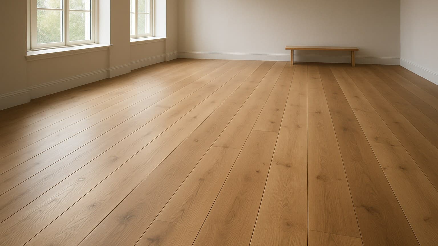 An empty room displaying tan wood plank flooring with windows along one wall.