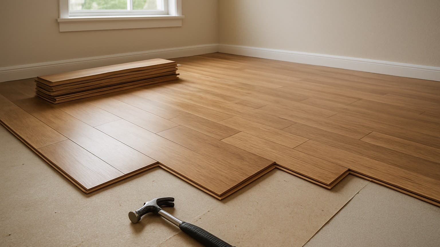A room with wood-grain flooring planks partially laid over subfloor, with stacked materials and installation tools visible