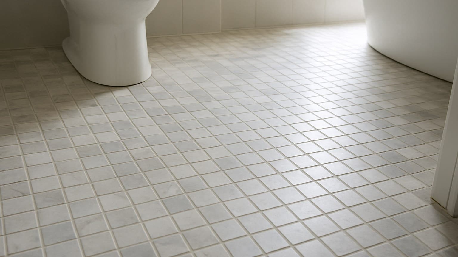 A bathroom floor with small square ceramic tiles in white and cream tones arranged in a grid pattern with grout lines, featuring a toilet and bathtub.