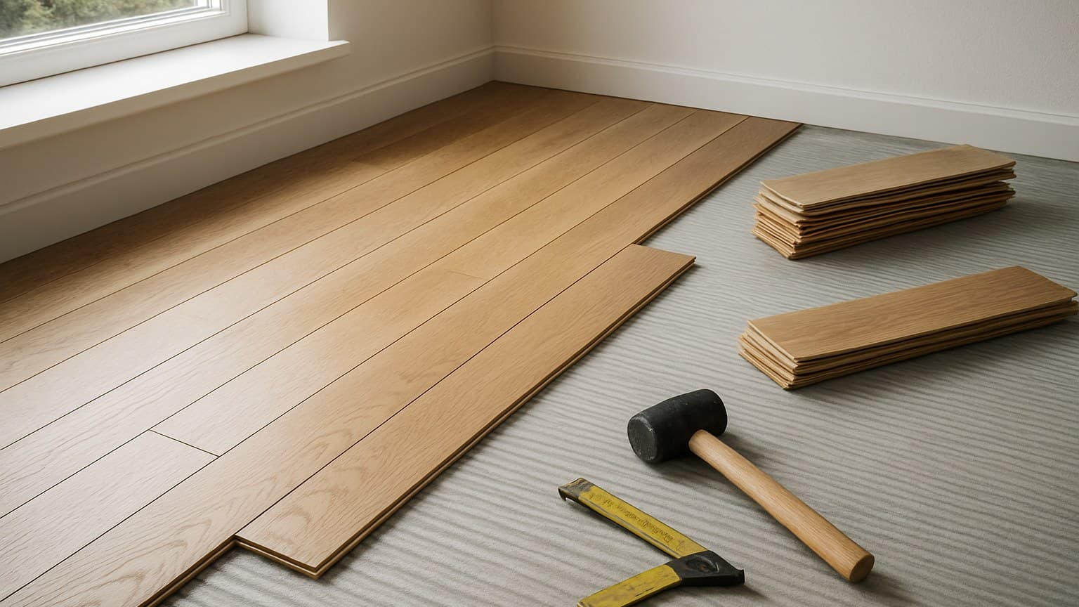 A room with partially installed wooden flooring on the left, gray underlayment on the right, stacked wooden planks, and installation tools including a hammer and measuring tape.