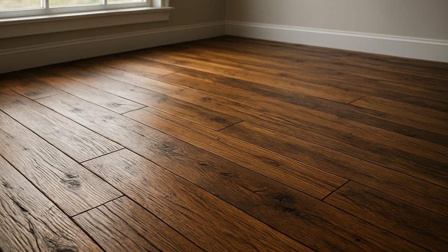 An empty room with a wood floor displaying grain, knots, and surface texture variations, lit by window light
