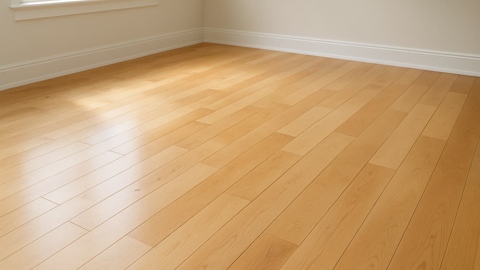 A light golden-brown hardwood floor laid in planks in an empty room with white trim and a window.