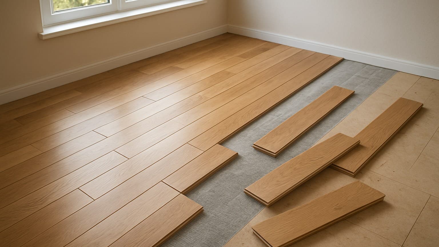 A room with finished hardwood plank flooring on the left and wooden planks arranged on gray underlayment on the right, depicting active hardwood floor installation.