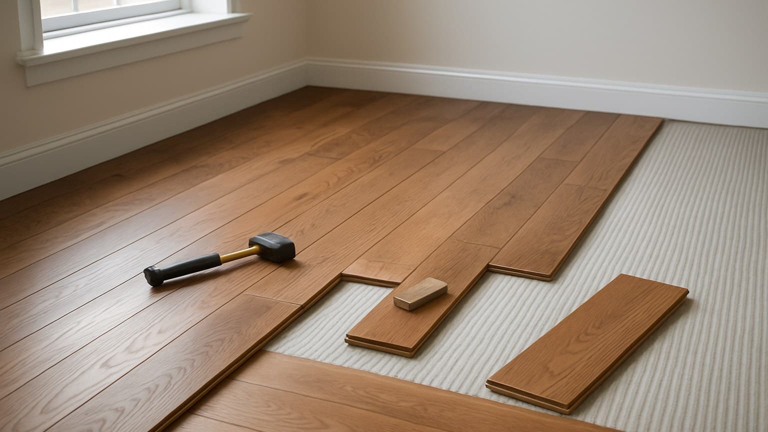 Hardwood flooring planks in various stages of installation on white underlayment, with some already laid and others staged for placement.