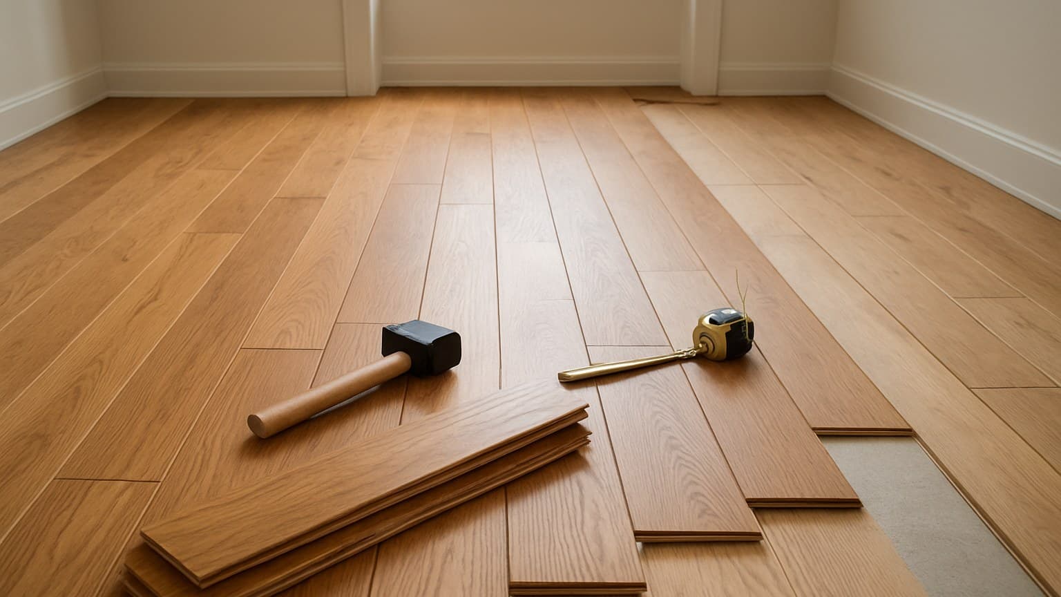 A partially installed hardwood floor with unfinished planks, hammer, and tape measure visible.