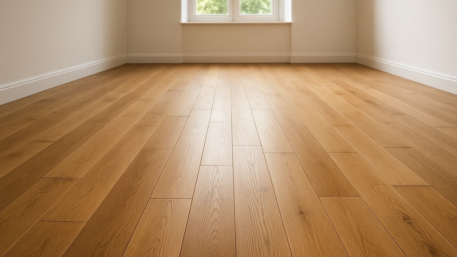 Empty room with wooden plank flooring in warm brown tones, white walls, and a bright window