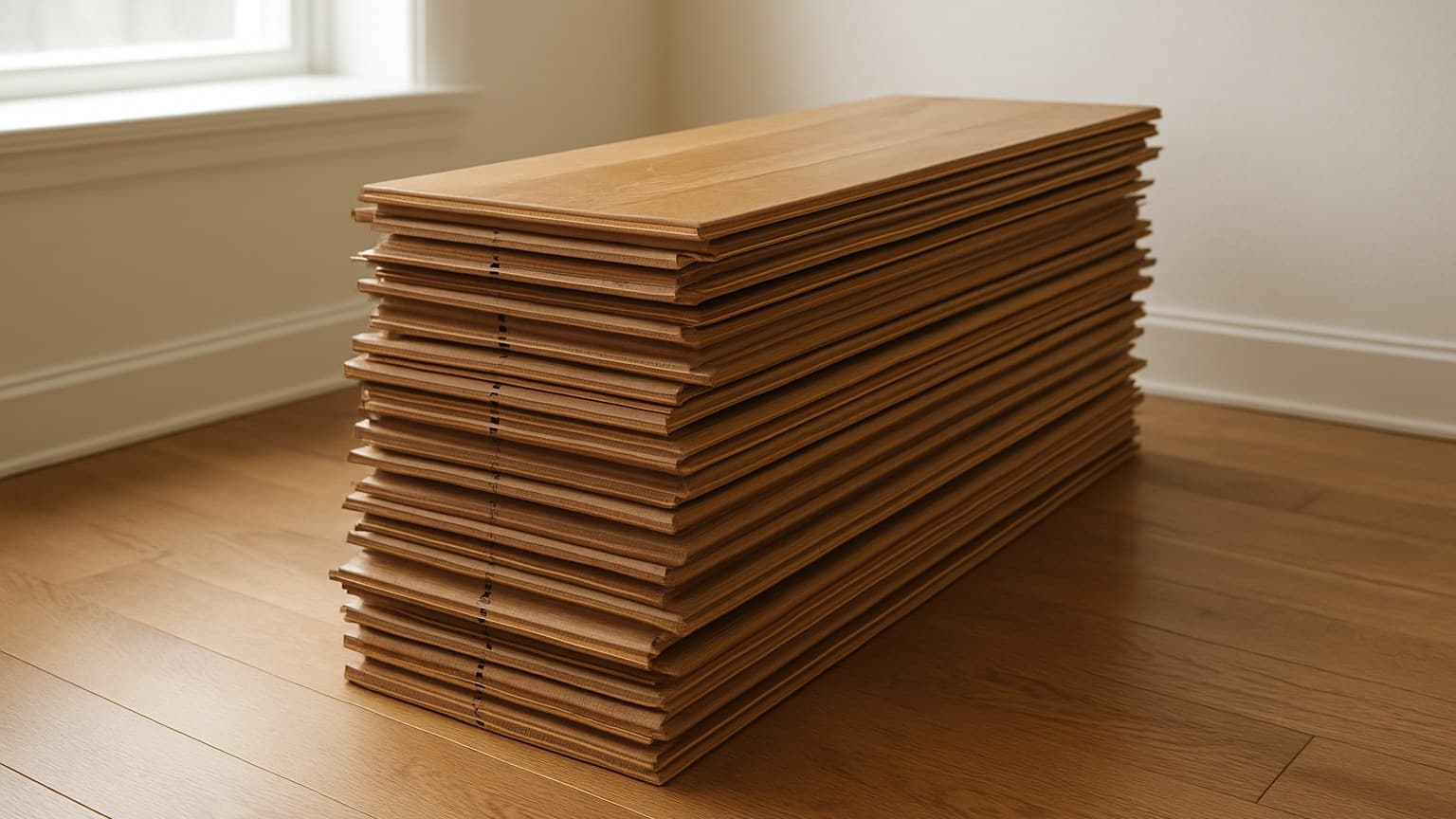 Rectangular wooden planks stacked in a pile in an indoor space