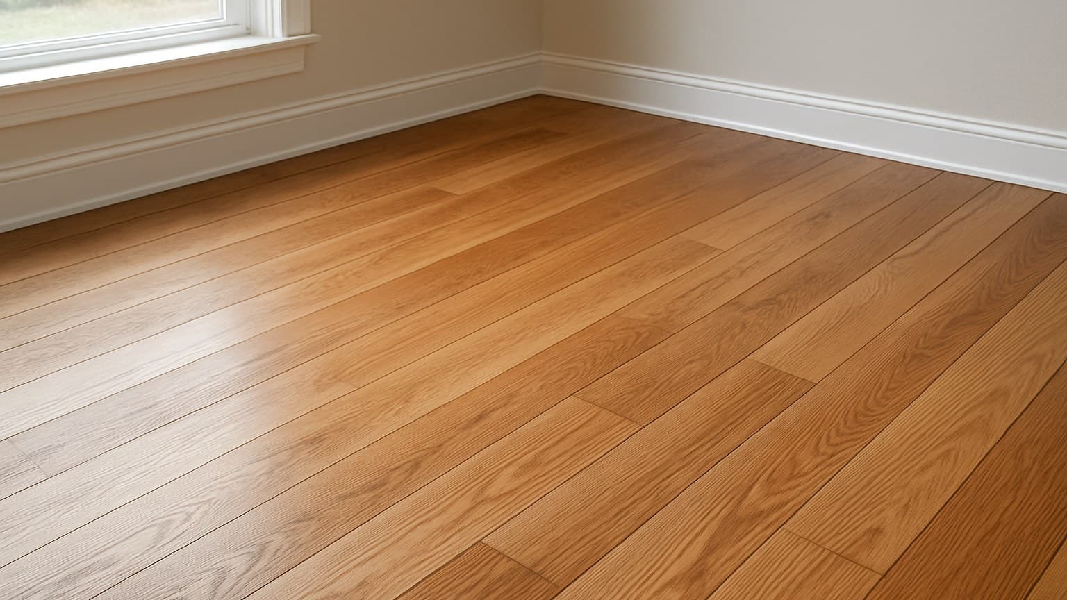 Room interior displaying wood plank flooring with natural grain patterns and glossy finish, bordered by white baseboards and walls.