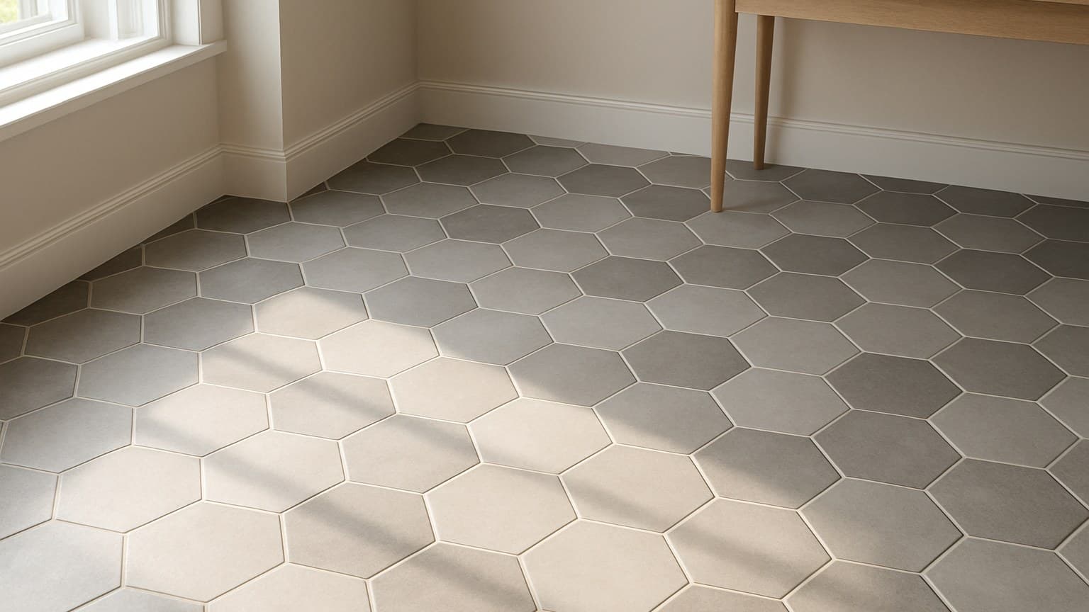 A floor covered with light-colored hexagonal tiles arranged in honeycomb pattern in a bright room