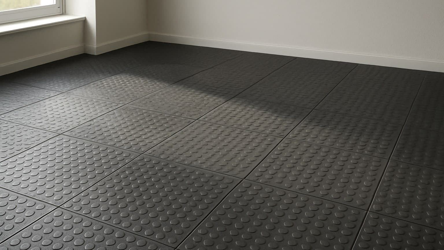 A floor with interlocking dark gray tiles featuring raised circular texture patterns, installed in an indoor room with white walls and a window.