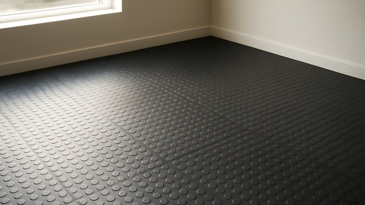 A room interior with beige walls and window, showing dark rubber floor tiles with a uniform raised nodular texture pattern.
