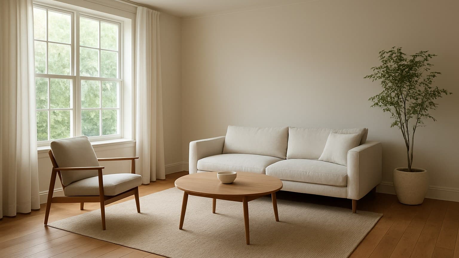 A modern living room with light wood-toned flooring, a sofa, chair, coffee table, area rug, and large windows with natural light.