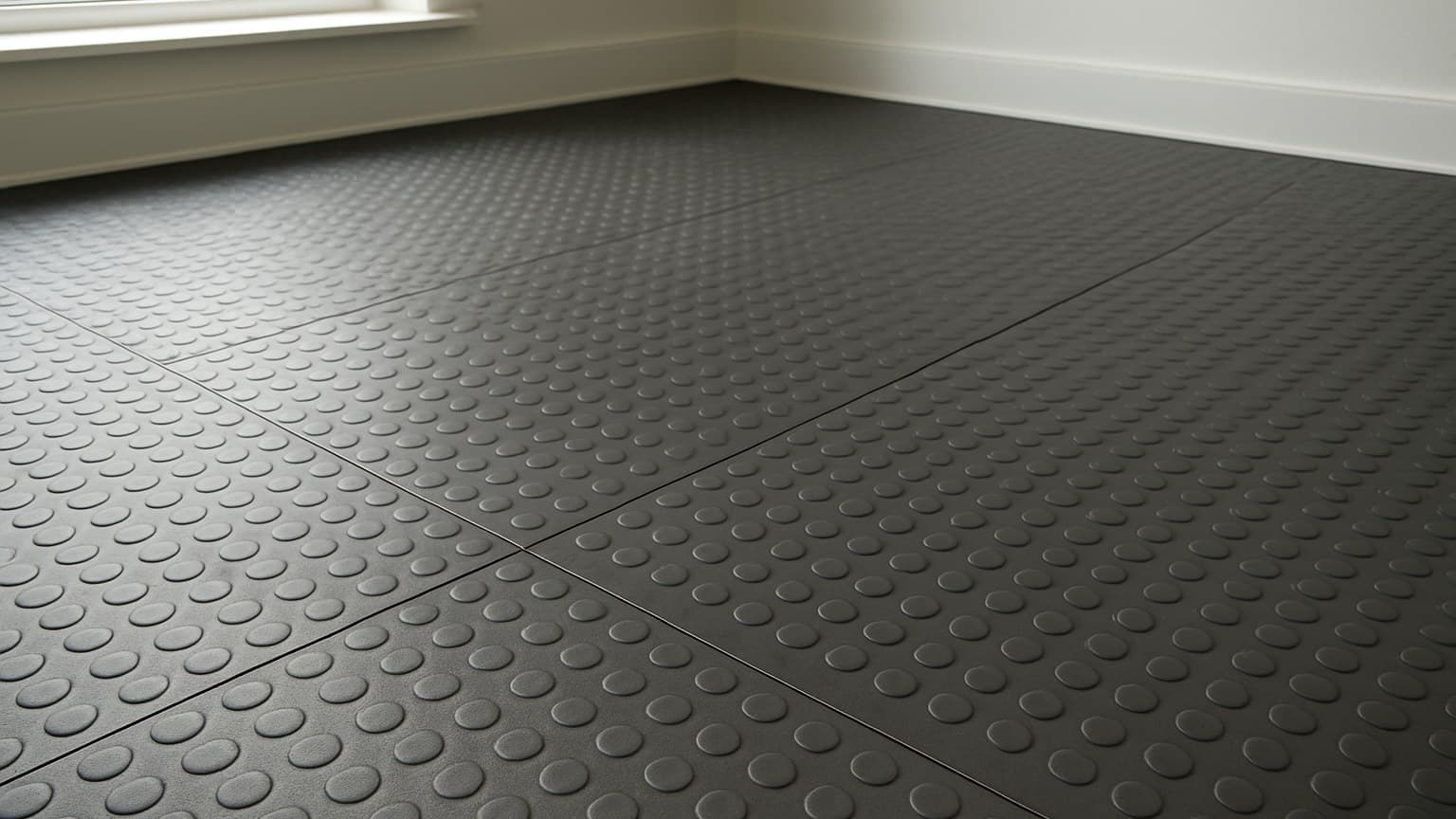 Gray rubber tiles with raised bubble pattern installed as flooring in a room with white baseboards