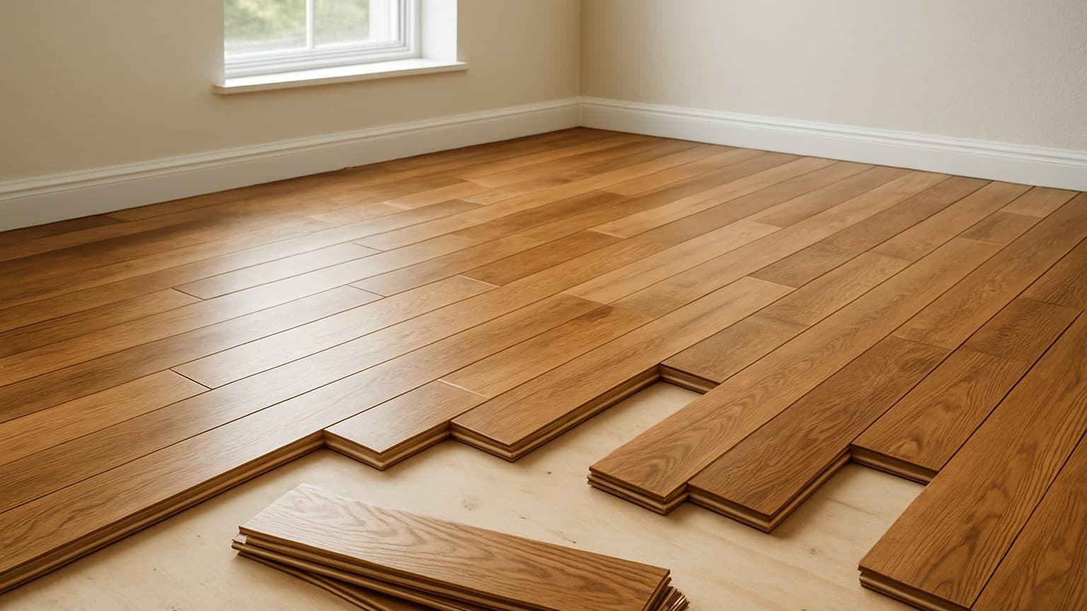 An empty room with hardwood flooring partially installed, loose planks stacked on the subfloor, and completed sections showing installed wooden boards.