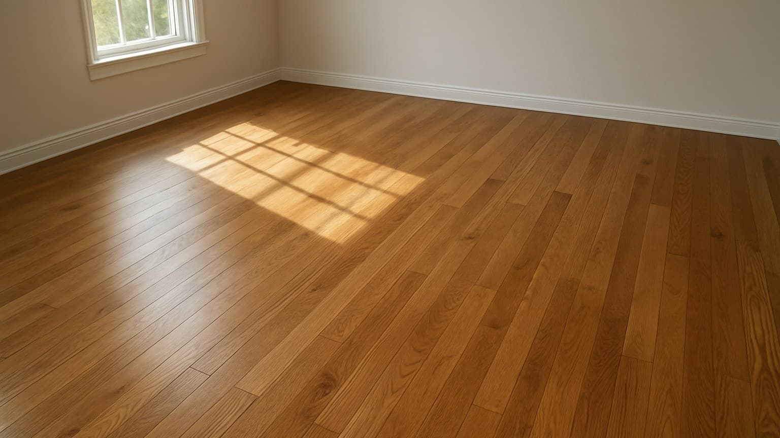 An empty room with wood-plank flooring illuminated by natural light from a window