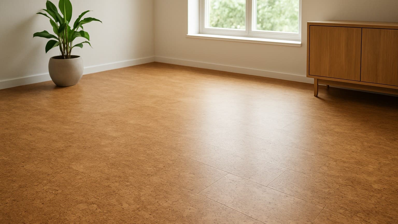 An empty room with a warm-toned textured floor, potted plant, wooden cabinet, and windows.