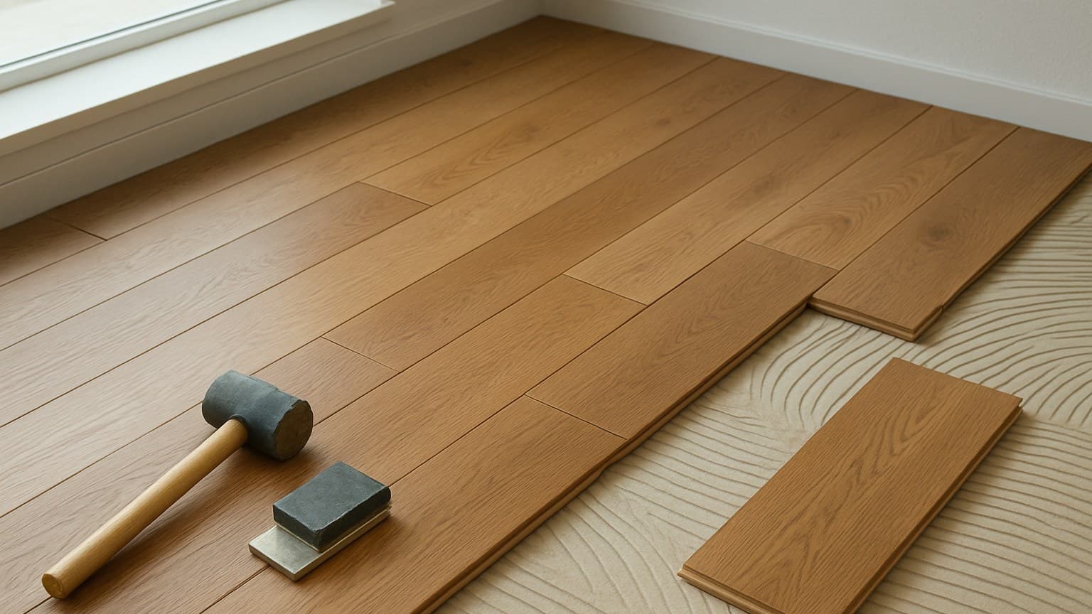 A room with wood flooring planks partially installed, with a rubber mallet and tapping block visible on the floor, against white walls and a window.