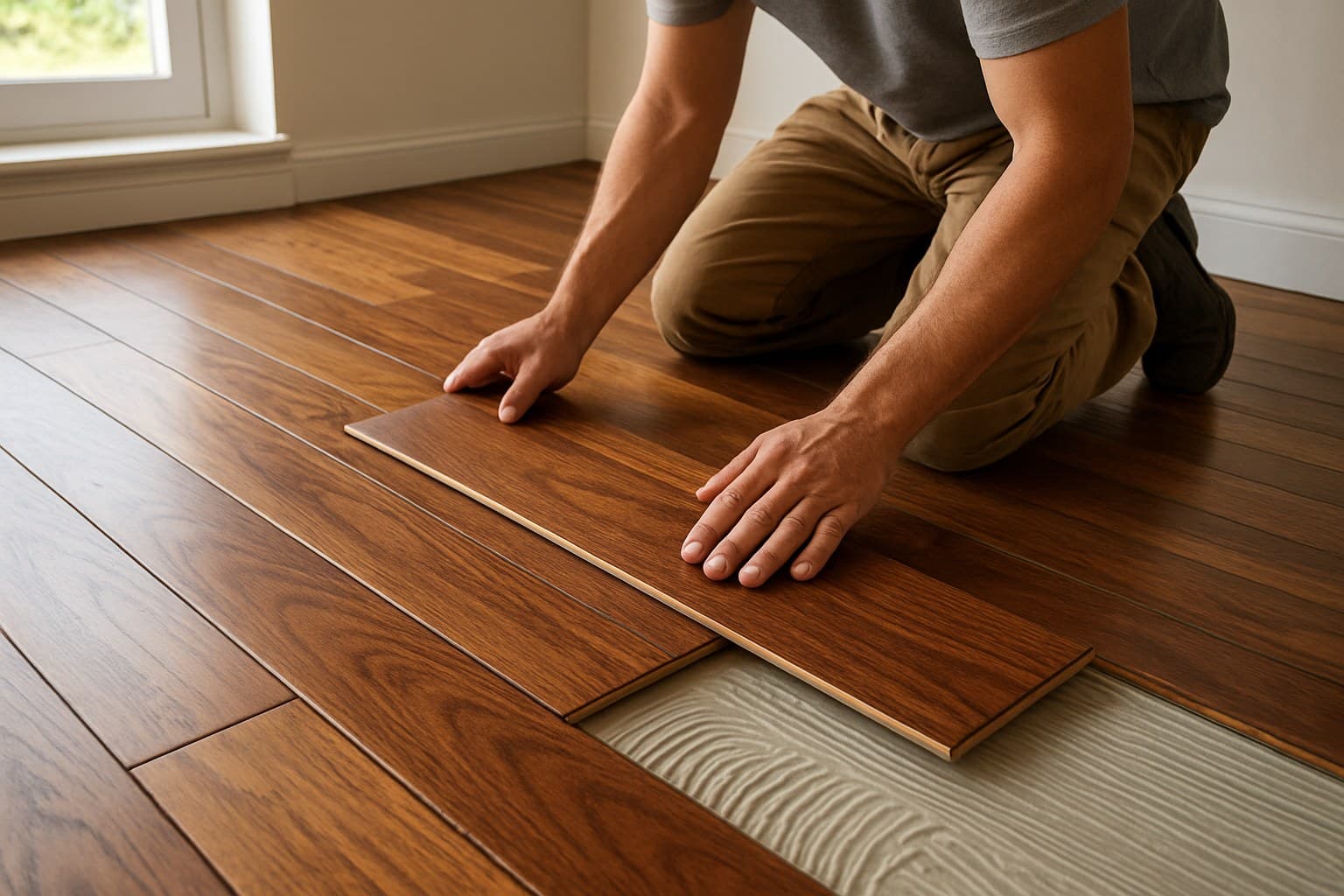 Installer fitting dense hardwood flooring boards during installation