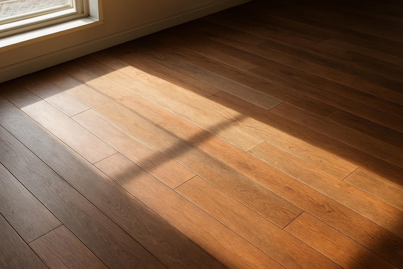 Sunlight streaming across a wood plank floor showing faded, grayed color near the window