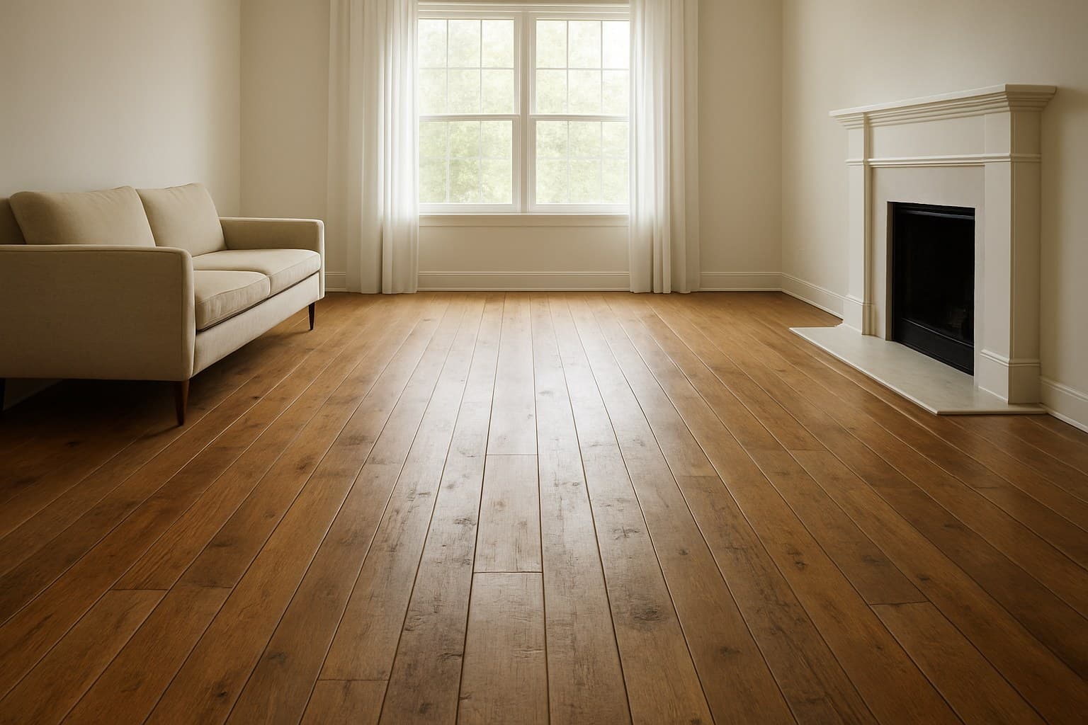Finished hardwood flooring in a bright living room showing long-term wear