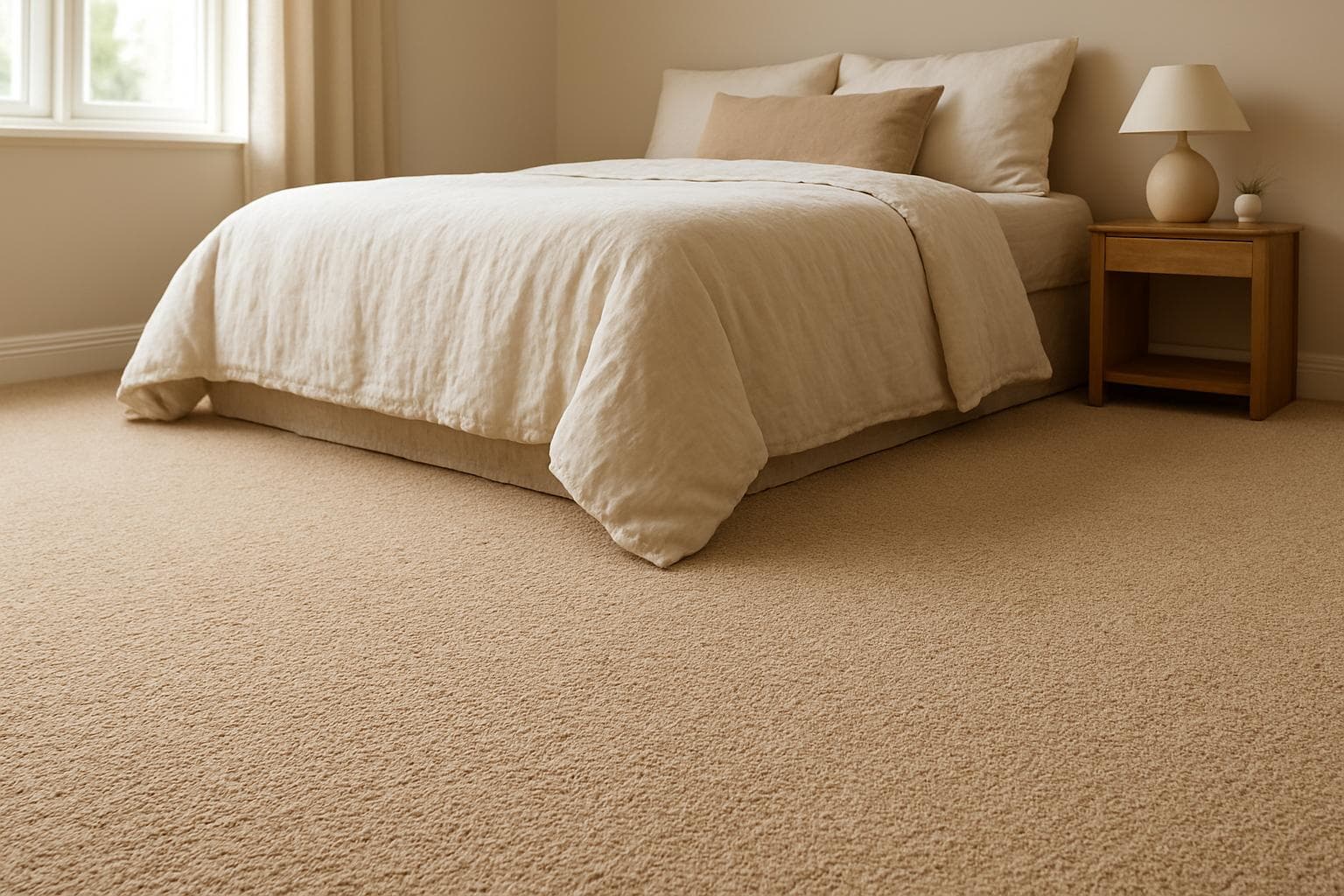 Warm neutral carpet covering a cozy bedroom floor