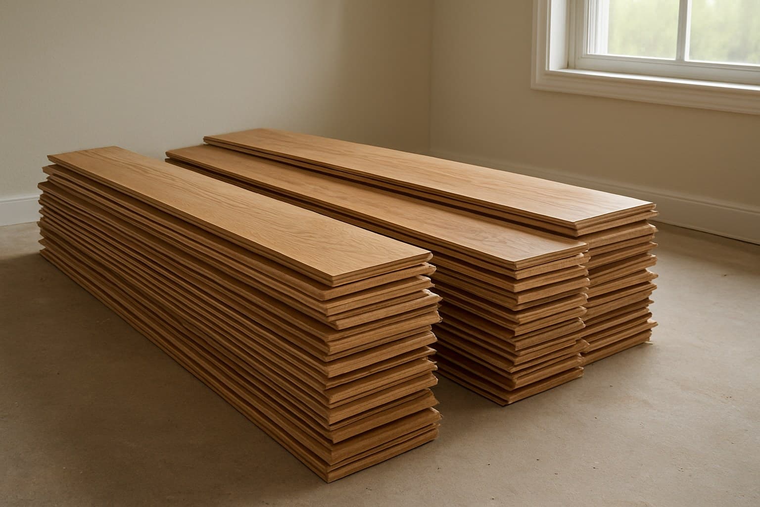 Hardwood planks stacked indoors acclimating before installation