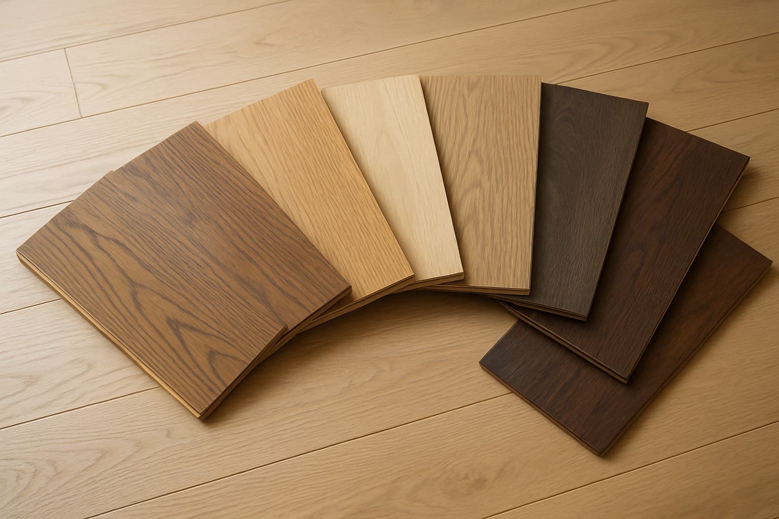 Assorted prefinished hardwood flooring samples arranged to compare color and grain