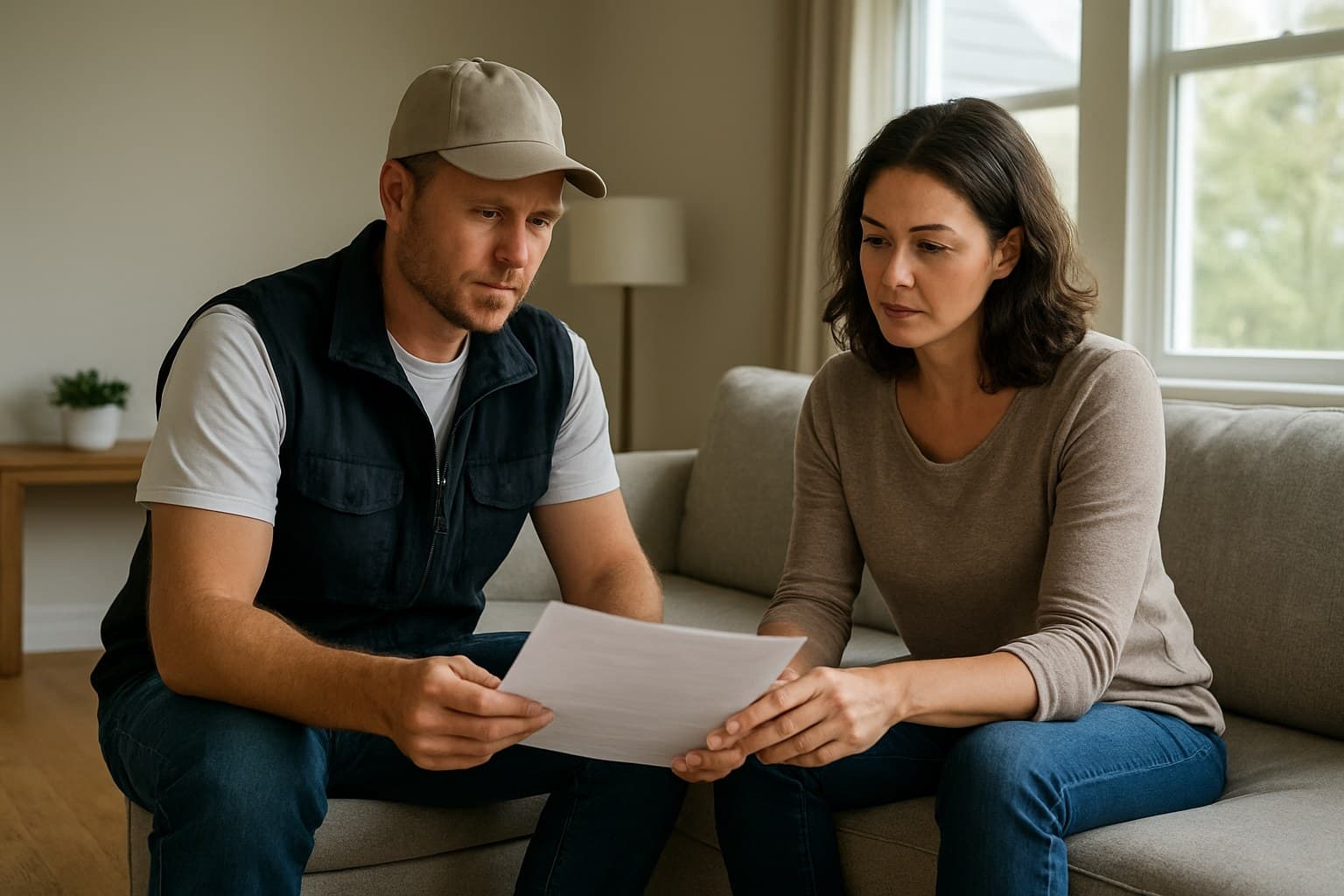 Contractor reviewing a written estimate with a homeowner in a living room