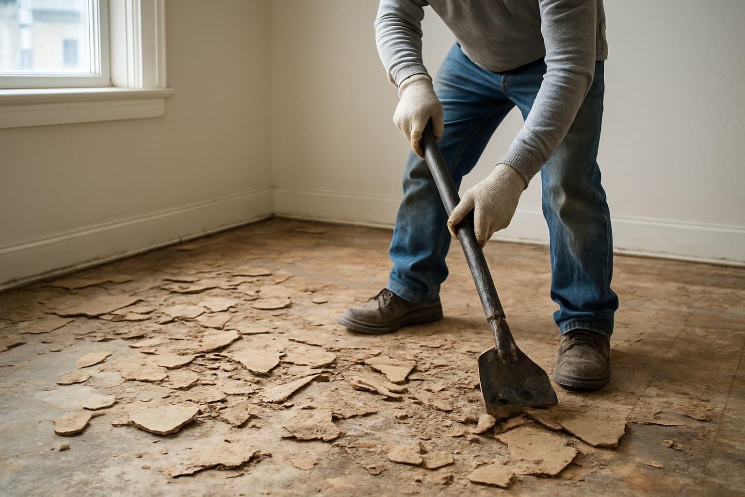 Worker removing old flooring before a hardwood installation