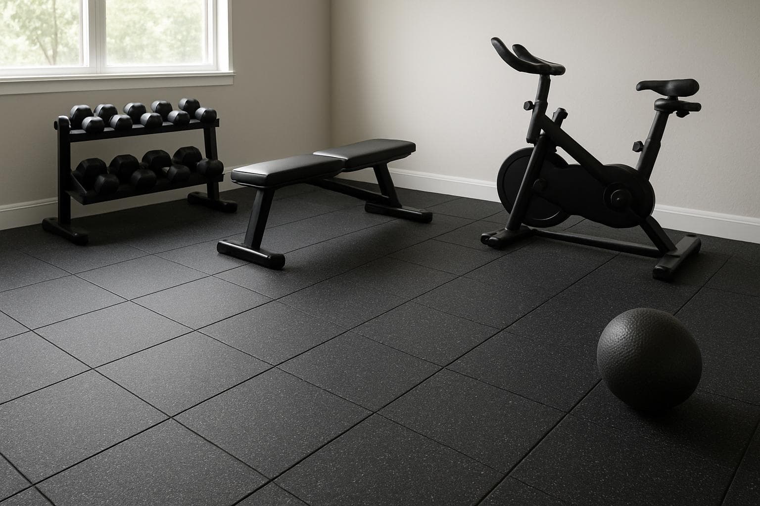 Rubber tile flooring covering the floor of a home gym