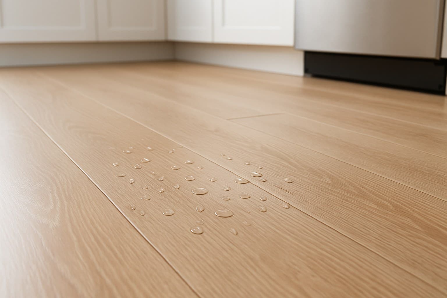 Water droplets on a kitchen floor testing moisture resistance of the flooring seams