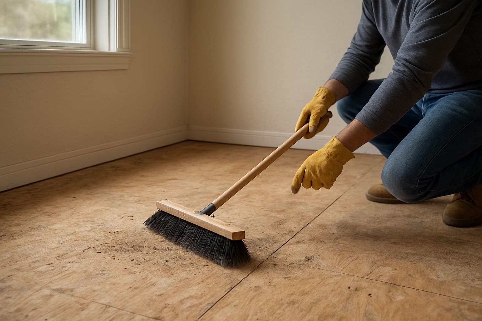 Worker preparing a subfloor before laying new flooring in a home.