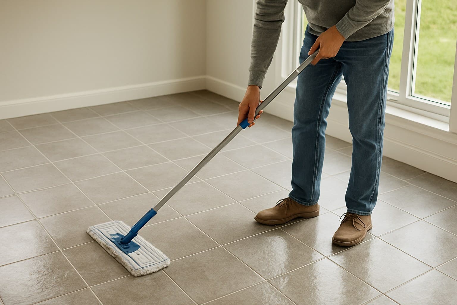 Person mopping a tile floor during routine cleaning and upkeep.