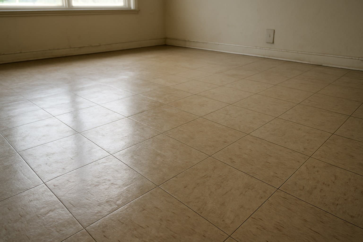 Worn linoleum flooring showing a dull wax surface before stripping