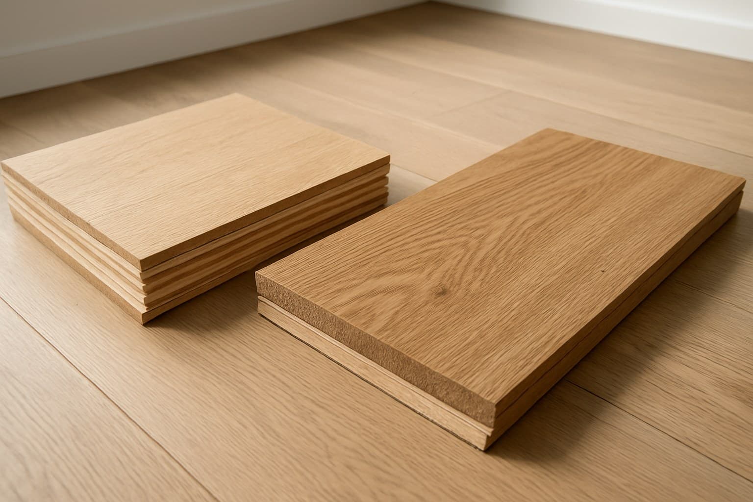 Cross-section of engineered wood plank layers compared to solid wood flooring