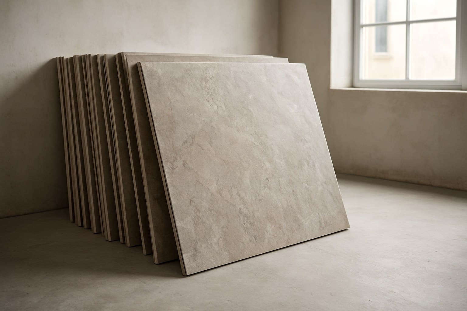 Large-format stone look porcelain tile slabs stacked and ready for installation