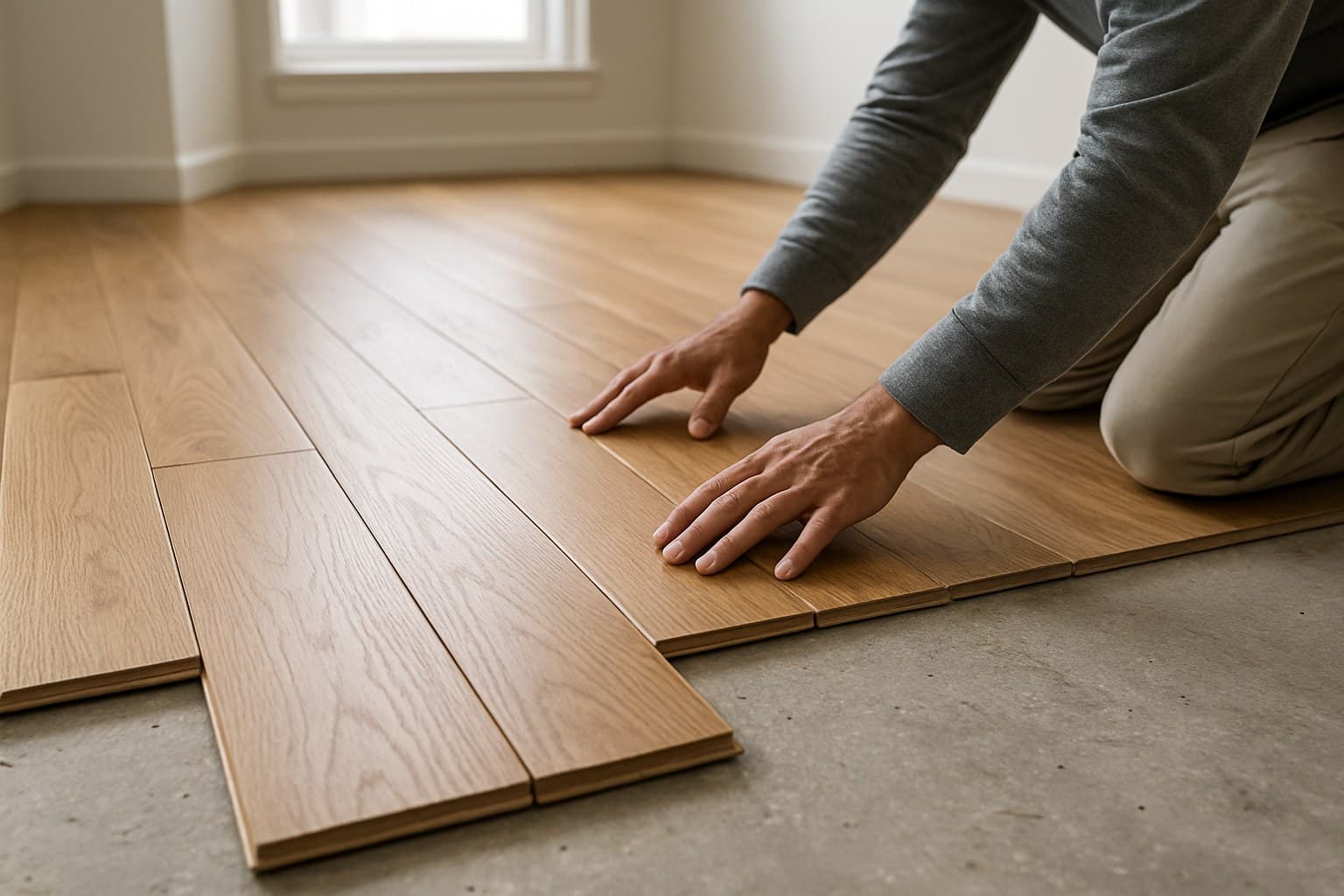 Worker installing prefinished hardwood planks directly onto a concrete slab subfloor