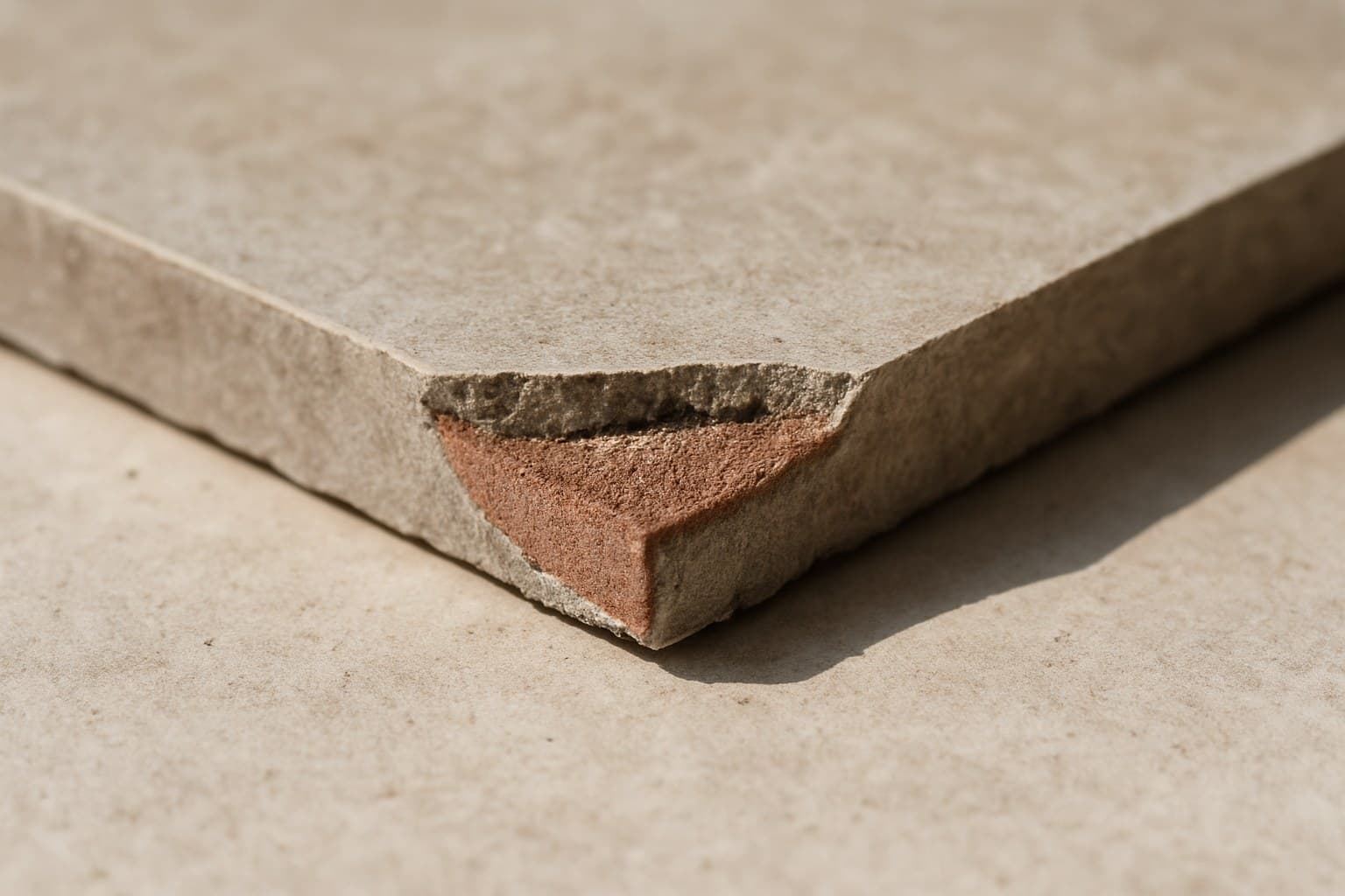 Cross-section of a broken tile edge showing color through the body