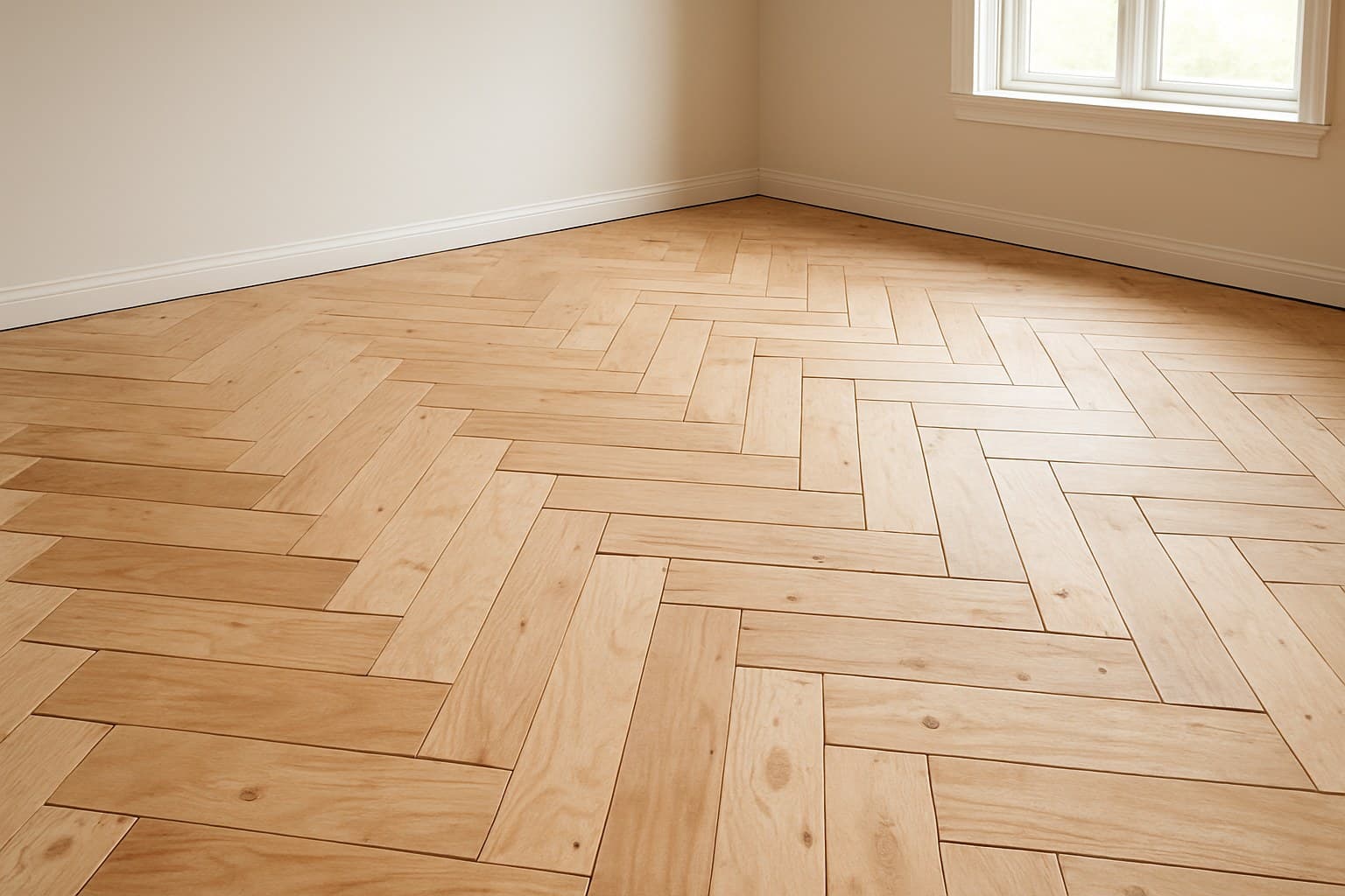 Bare plywood subfloor exposed before herringbone tile installation begins