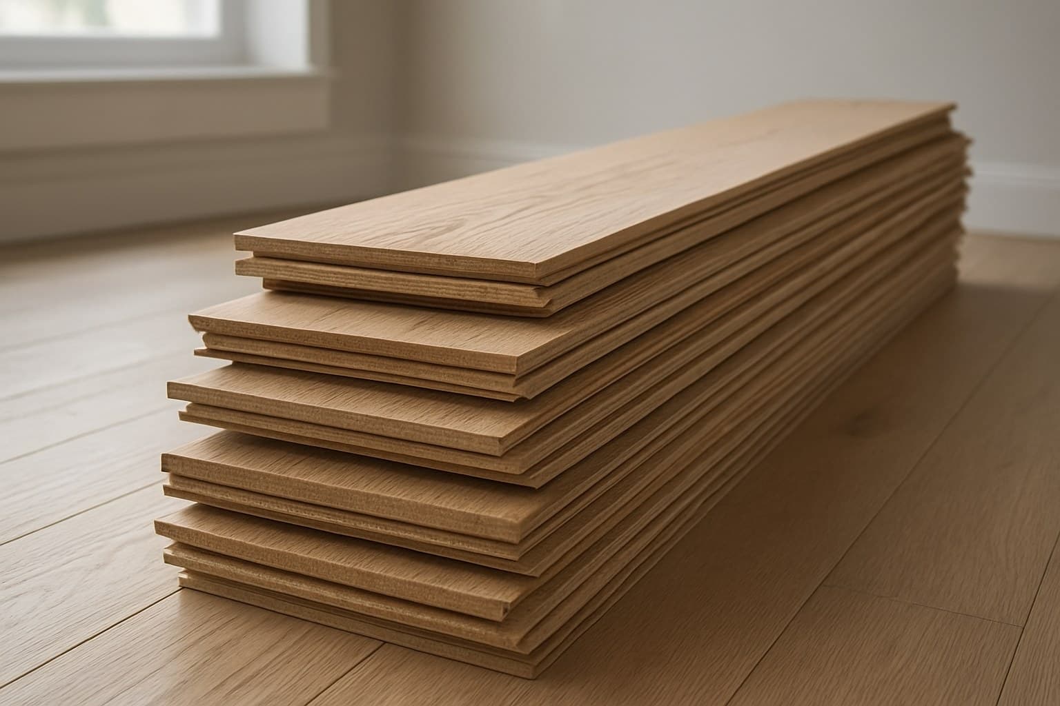 Stack of raw unfinished engineered hardwood planks ready for installation