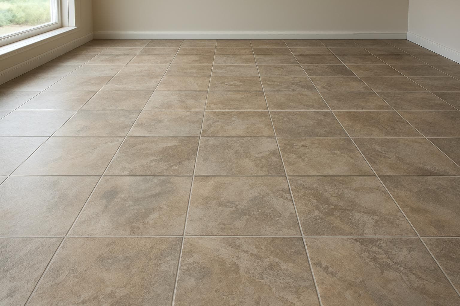 Wide view of a stone-look tile floor showing repeating pattern across tiles