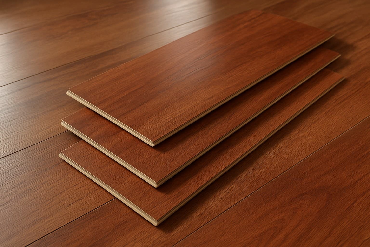 Close-up of cherry-colored vinyl plank flooring samples in the Dusk Cherry finish.
