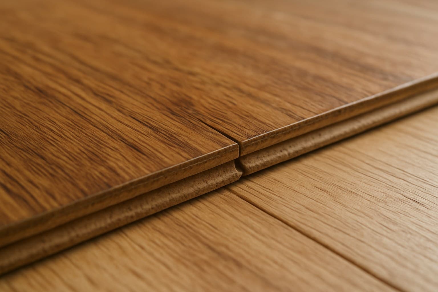 Close-up of a laminate plank edge showing the seam and core layer