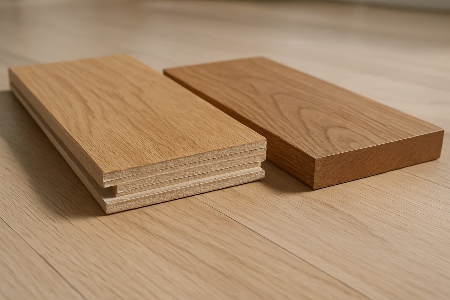 cross-section of an engineered wood plank next to a solid hardwood board